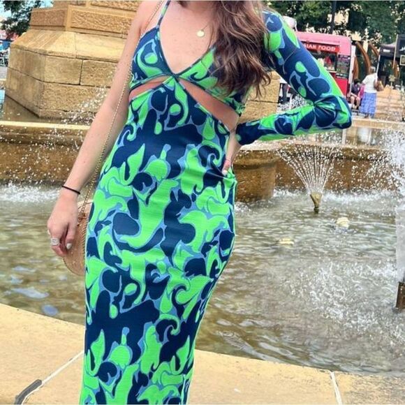 ZARA Green Asymmetric Jacquard V-Neck Dress Size S Spaghetti Strap One Sleeve - Picture 10 of 15